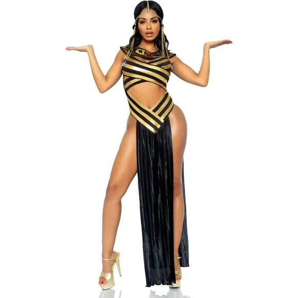 Cleopatra Black And Gold Egyptian Dress Leg Avenue Women's Gold/black  Shimmer Cat Suit Egyptian Costume